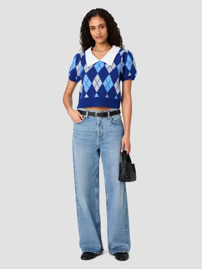 French Connection Koda Knit Collared Argyle Jacquard Puff Sleeve Top In Grey