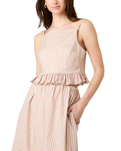 French Connection Lilah Stretch Cotton Petite Gingham Ruffle Peplum Top In Brown