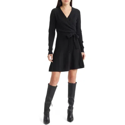 French Connection Long Sleeve Faux Wrap Sweater Dress In Black