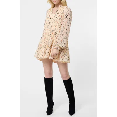 French Connection Marina Floral Long Sleeve Chiffon Tiered Minidress In Neutral