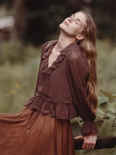 French Connection Marina Silky Chiffon Long Sleeve Tie Front Blouse In Brown