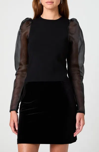 French Connection Maxime Mixed Media Puff Sleeve Sweater In Black