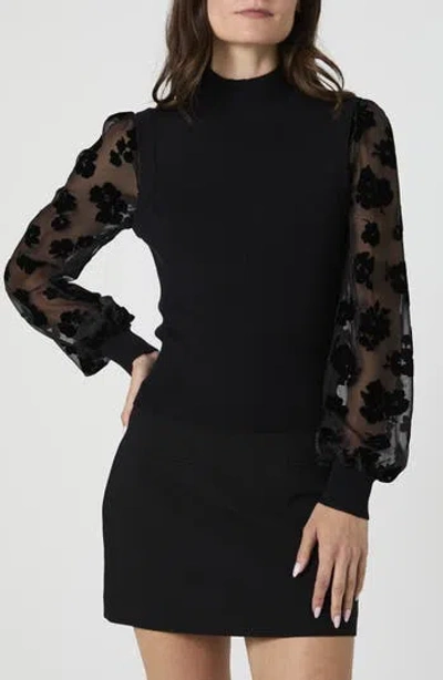 French Connection Mixed Media Burnout Velvet Sleeve Sweater In Black