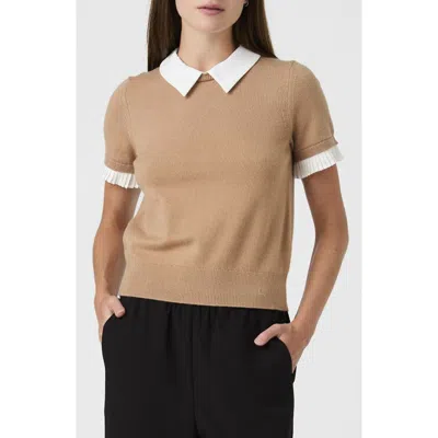 French Connection Mixed Media Short Sleeve Sweater In Brown