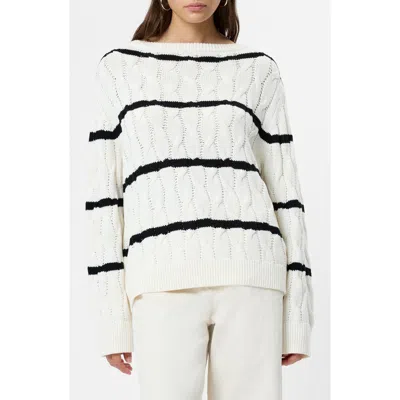 French Connection Mozart Stripe Cable Stitch Cotton Boat Neck Sweater In White