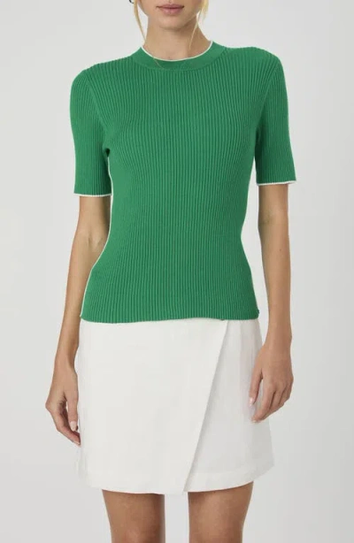 French Connection Mozza Short Sleeve Cotton Rib Sweater In Green Tambourine