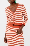 French Connection Nesta Stripe Cardigan Rosewood-cream In Rosewood-cream