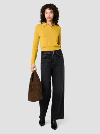 French Connection Nola Fine Knit Long Sleeve Polo Top In Yellow