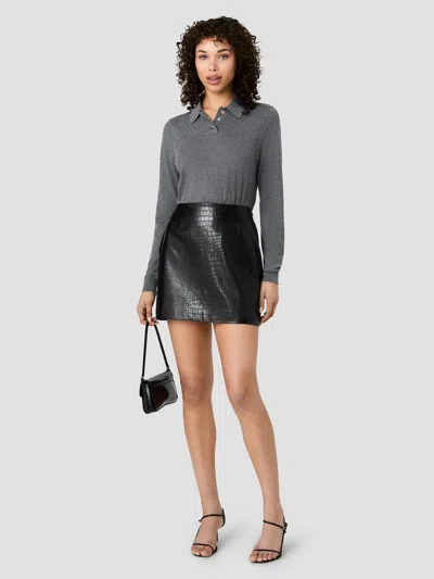 French Connection Nola Fine Knit Long Sleeve Polo Top In Dark Grey