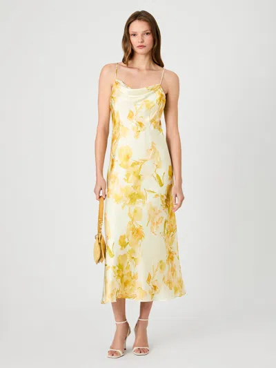 French Connection Oona Satin Sophie Fleur Cowl Neck Dress In Yellow