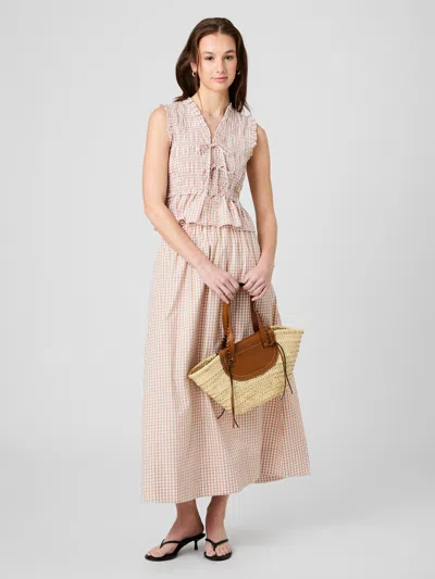 French Connection Petite Gingham Ruched Midi Skirt In Neutral