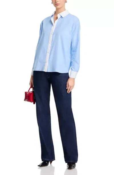 French Connection Poplin Ticking Contrast Shirt In Blue Hydrangea