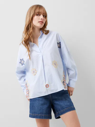 French Connection Rhodes Embroidered Poplin Popover Shirt     Linen White/blue