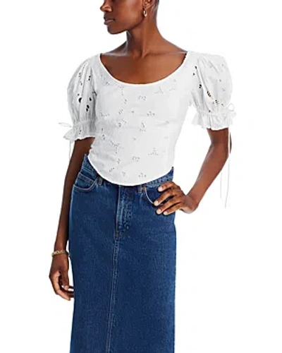 French Connection Rhodes Embroidered Puff Sleeve Top In Linen White