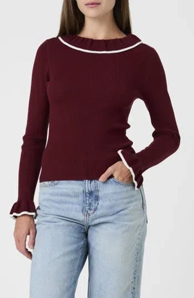 French Connection Ruffle Neck Ribbed Sweater In Burgundy/ White
