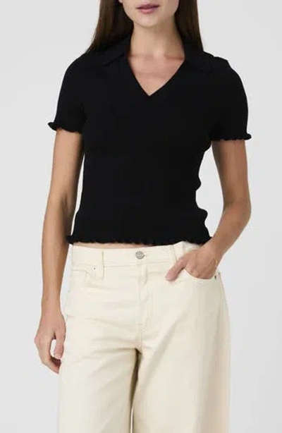 French Connection Ruffle Trim Ribbed Polo Sweater In Black