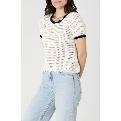 French Connection Scalloped Short Sleeve Cotton Sweater In Classic Cream/navy