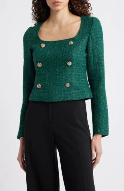 French Connection Shante Shimmer Tweed Double Breasted Top In Green