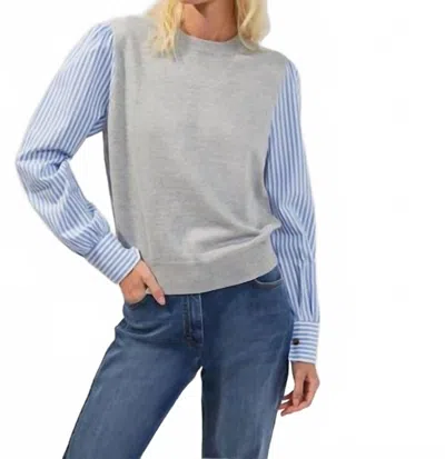 French Connection Shirt Mix Jumper Top In Med Grey/blue/white