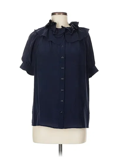 Pre-owned French Connection Short Sleeve Silk Top Blue Ruffles Neckline Tops