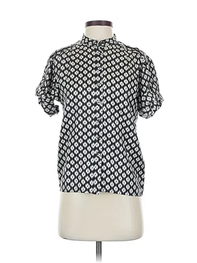 Pre-owned French Connection Short Sleeve Silk Top Silver Houndstooth Pattern Mock Neckline Tops