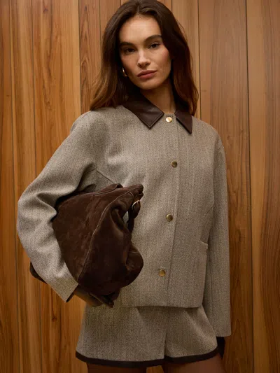 French Connection Speckled Herringbone Suiting Cropped Jacket In Taupe/cocoa Brown