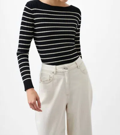 French Connection Stripe Crinkle Knit Top In Black/classic Cream In Multi