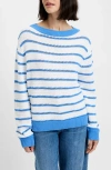 French Connection Teddy Knit Open Stripe Pullover Sweater In Summer White-blue Hydrangea In Multi