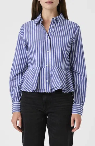French Connection Striped Peplum Cotton Shirt In Navy-white