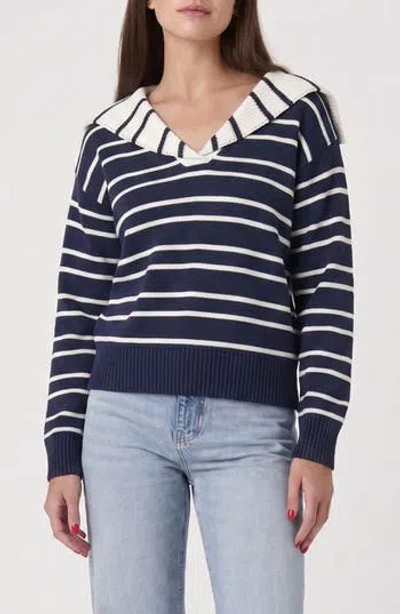 French Connection Striped V-neck Sailor Sweater In Blue
