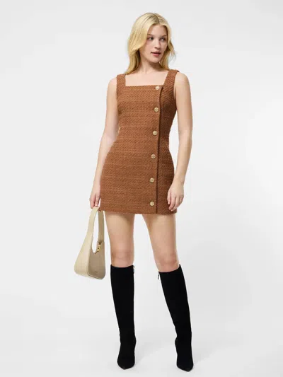French Connection Structured Tweed Square Neck Mini Dress In Cafe Brown In Multi