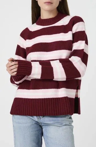 French Connection Suzie Striped Crewneck Sweater In Burgundy Pink/ White Stripe