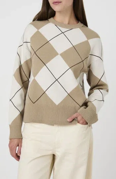 French Connection Suzie Striped Crewneck Sweater In Tan/ Cream Argyle