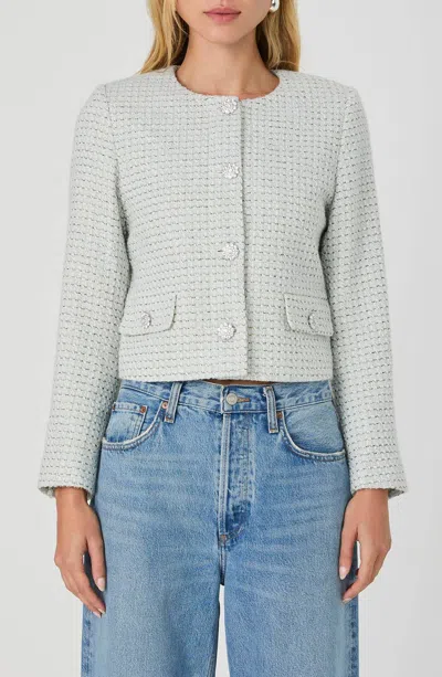 French Connection Tweed Embellished Crop Jacket In Light Blue In Gray