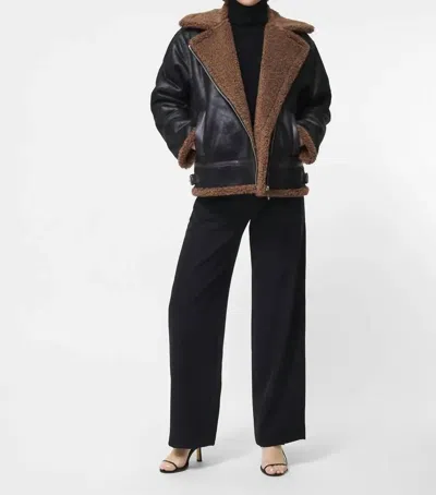 French Connection Vegan Shearling Zip Up Jacket In Black/brown In Multi