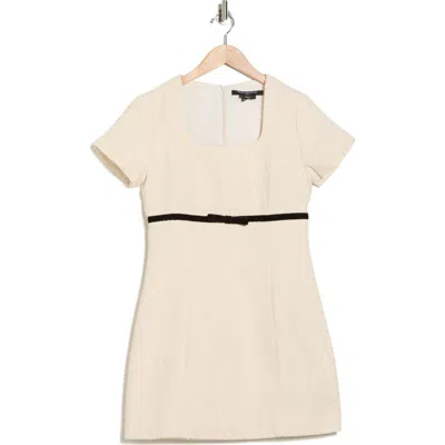 French Connection Velvet Bow Short Sleeve Cotton Bouclé Minidress In Neutral
