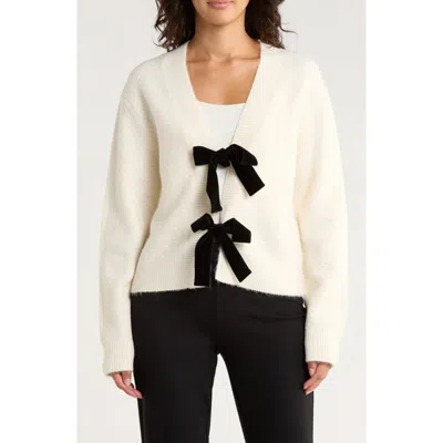 French Connection Velvet Tie Bobble Knit Crop Cardigan In Neutral