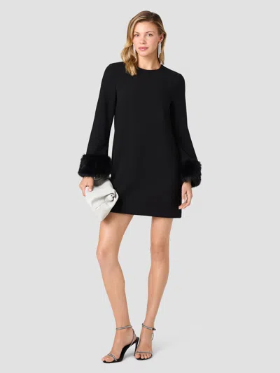 French Connection Whisper Faux Fur Trim Long Sleeve Mini Dress In Black