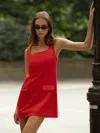 French Connection Whisper Square Neck Mini Dress In Red