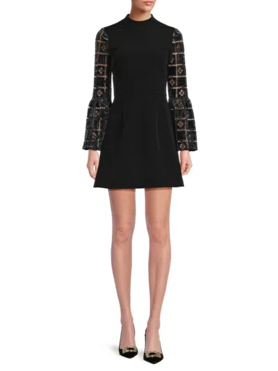 French Connection Women's Crochet Sleeve Mini A Line Dress In Black