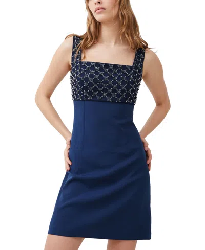 French Connection Darcy Beaded Bodice Sheath Dress In Midnight Blue