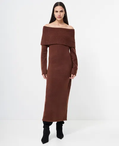 French Connection Emilia Off The Shoulder Long Sleeve Maxi Sweater Dress In Brown