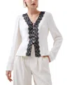 French Connection Ennis Satin Lace Trim Blouse In Classic Cream,black