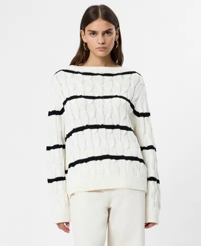 French Connection Mozart Stripe Cable Stitch Cotton Boat Neck Sweater In White