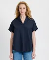 French Connection Poplin Collar Short Sleeve Pullover Top In Blue