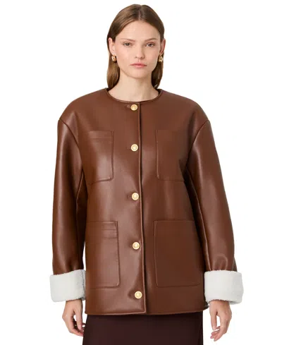 French Connection Women's Porto Faux Leather Sherpa-lined Long-sleeve Coat In Brown