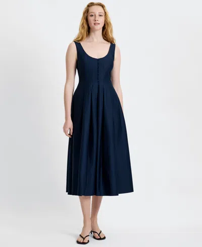 French Connection Pleated Sleeveless Sateen Midi Dress In Blue