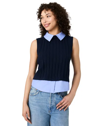 French Connection Women's Sleeveless Collared Keyhole Top In Marine Blue Combo