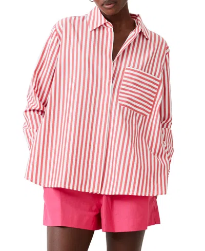 French Connection Women's Striped Point Collar Long Sleeve Top In True Red
