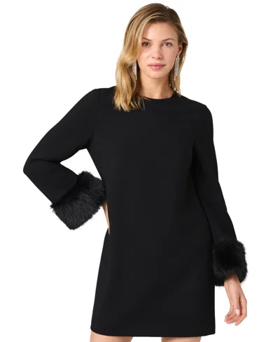 French Connection Whisper Faux Fur Cuff Mini Dress In Black